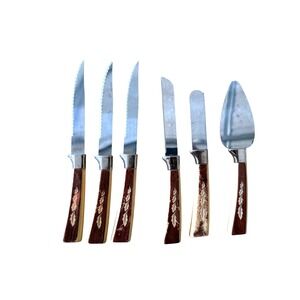 Vintage Regent Sheffield England 6pc Cutlery Set MCM Stag Leaf Handle Knives